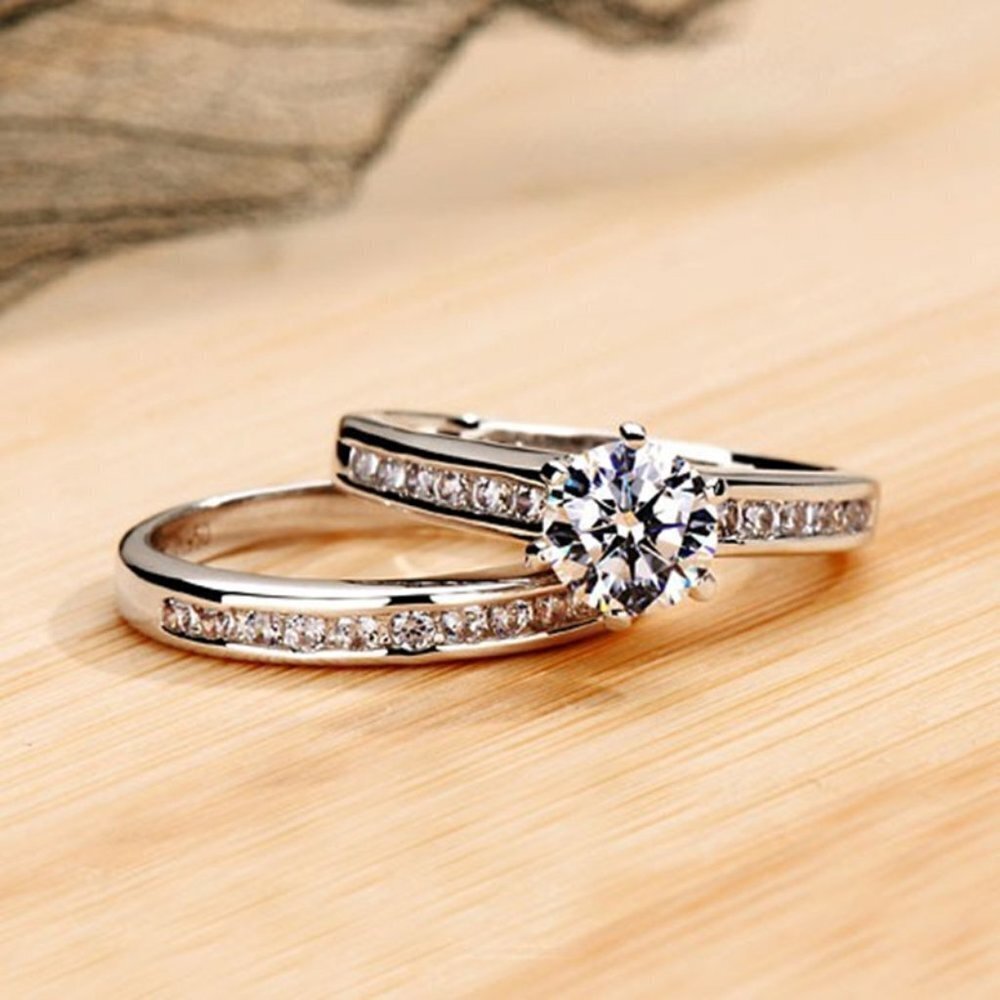 CZ Jewelry 2Pcs/Set Couples Ring For Women Silver Plated Ring, HA4428-6